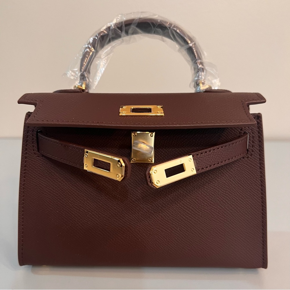 Havana Brown Genuine Epsom Leather mini bag with featuring Gold hardware.